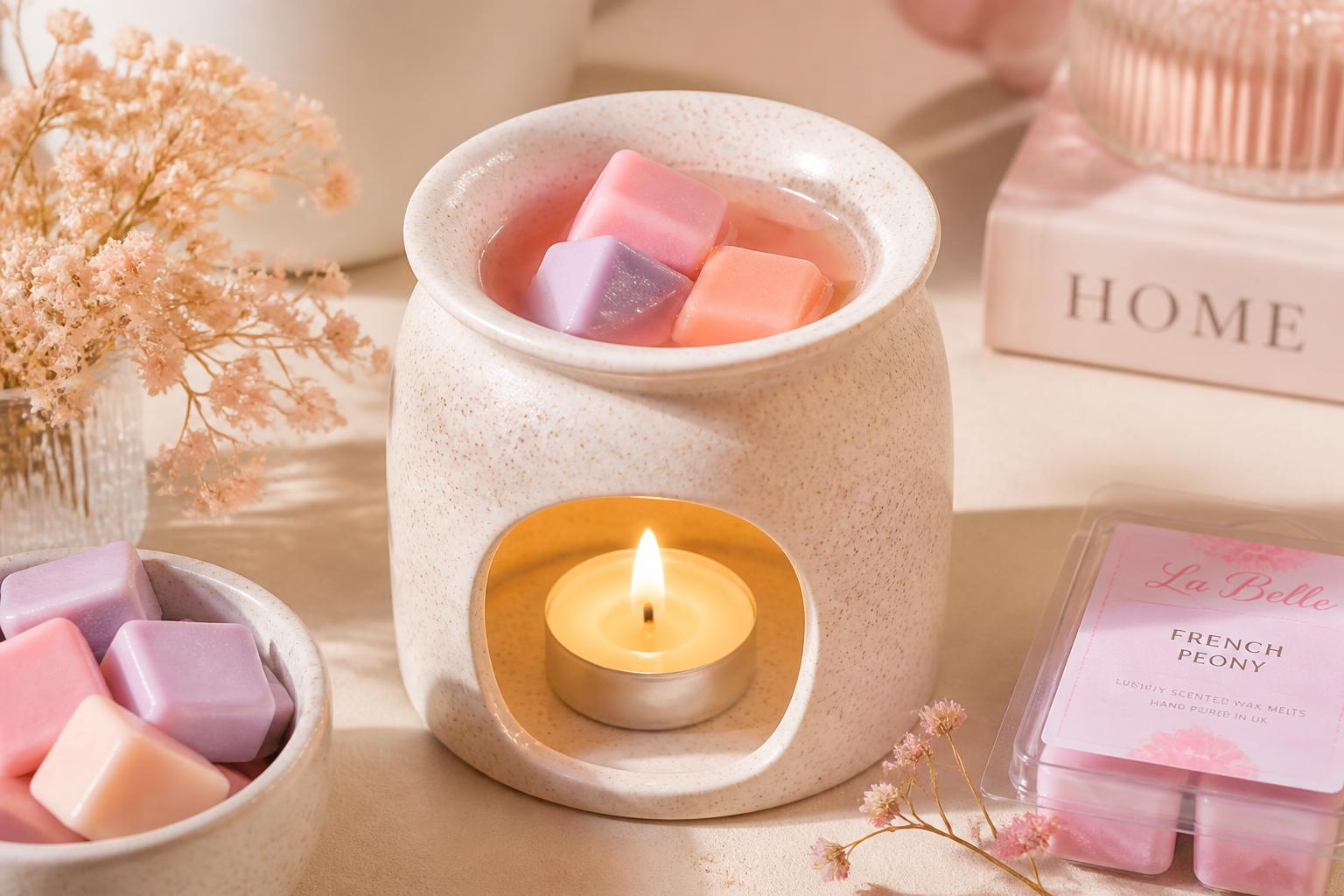 Colourful pastel wax melts melting inside a ceramic wax warmer